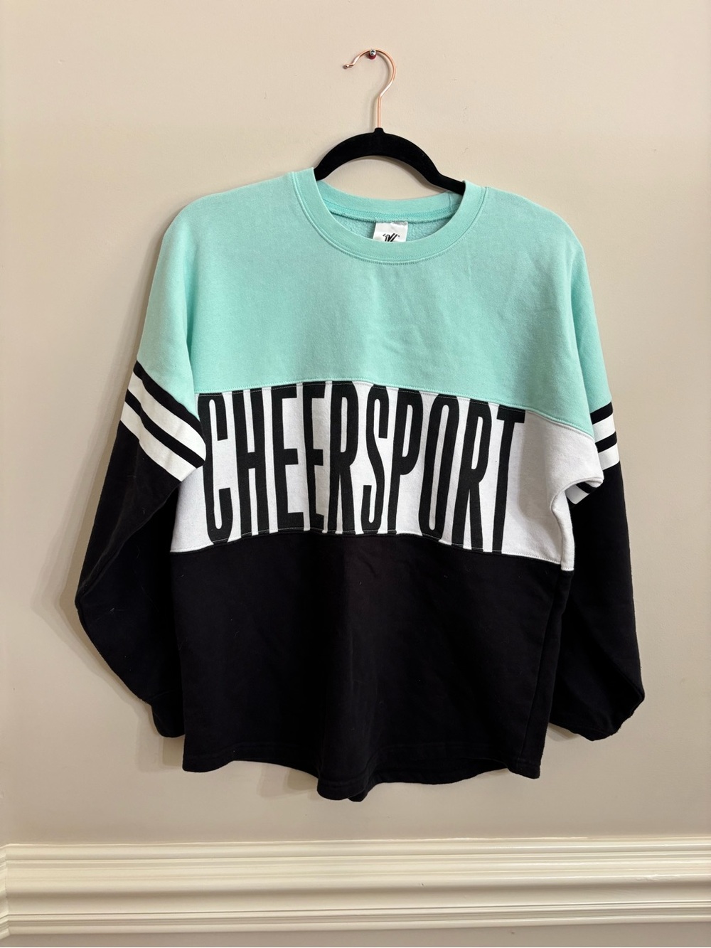 Varsity CHEERSPOR Sweatshirt in Mint White & Black size Small Cheer Cheerleading
